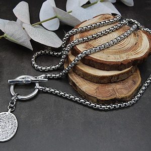 Silver Greek Coin Wrap Necklace – 100 cm Stainless Steel Box Chain image 17