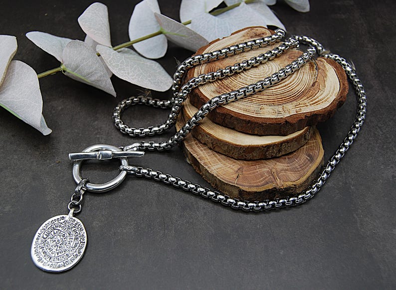 Silver Greek Coin Wrap Necklace – 100 cm Stainless Steel Box Chain image 17