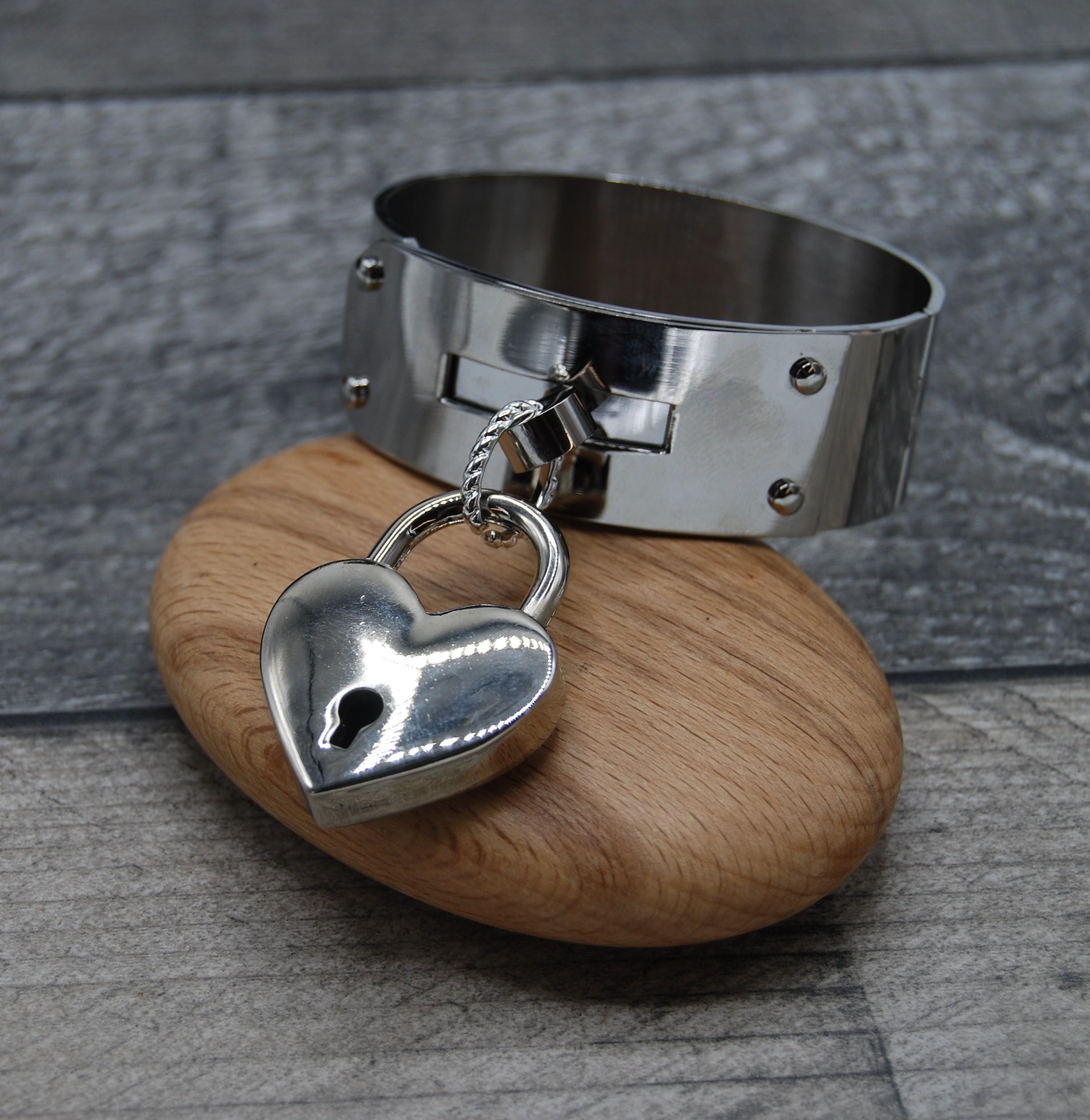 Padlock Cuff Bangle: Wide Stainless Steel Bracelet With Heart Lock