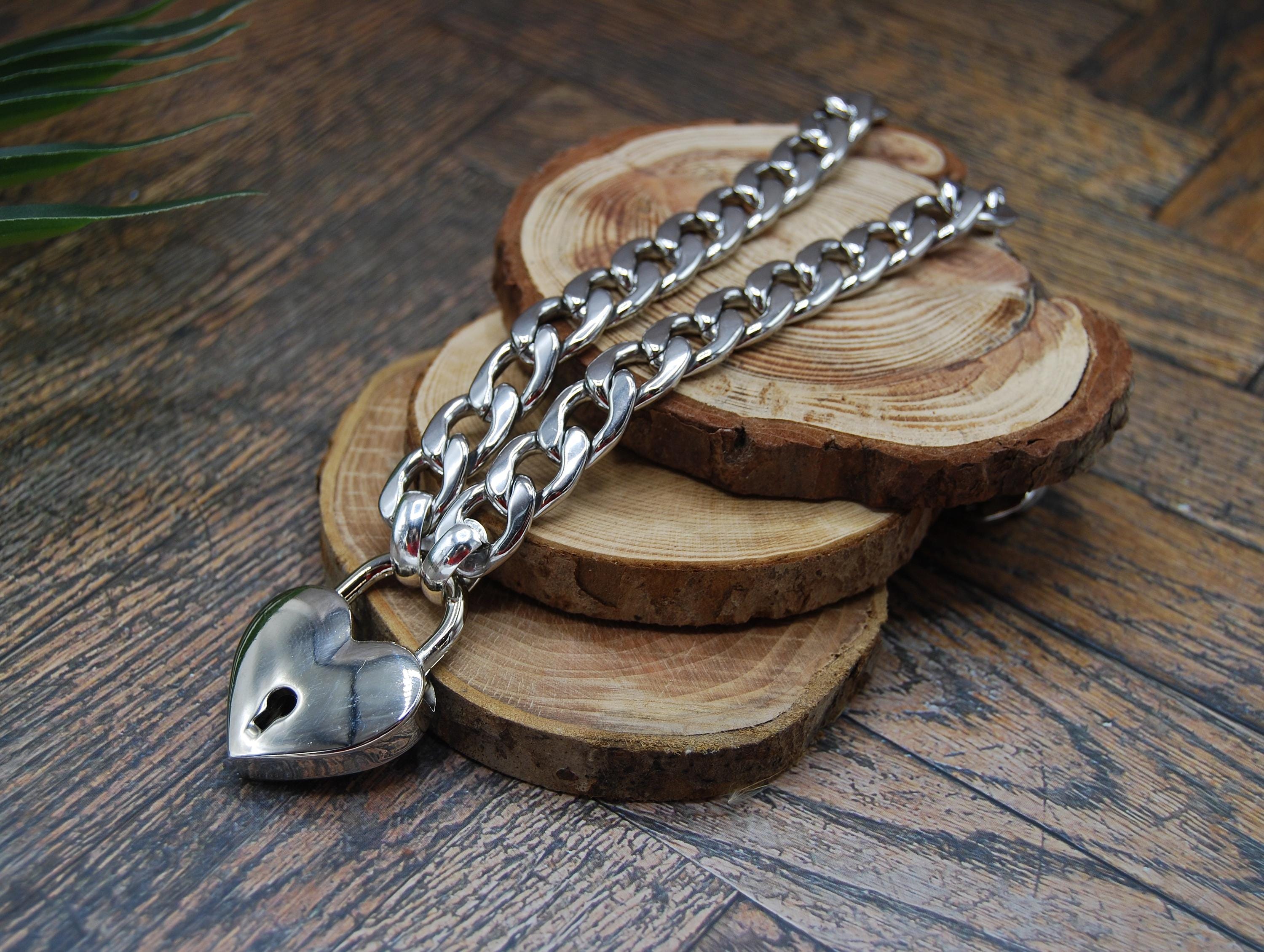 Heart Padlock Curb Chain Necklace: Stainless Steel Biker Pendant