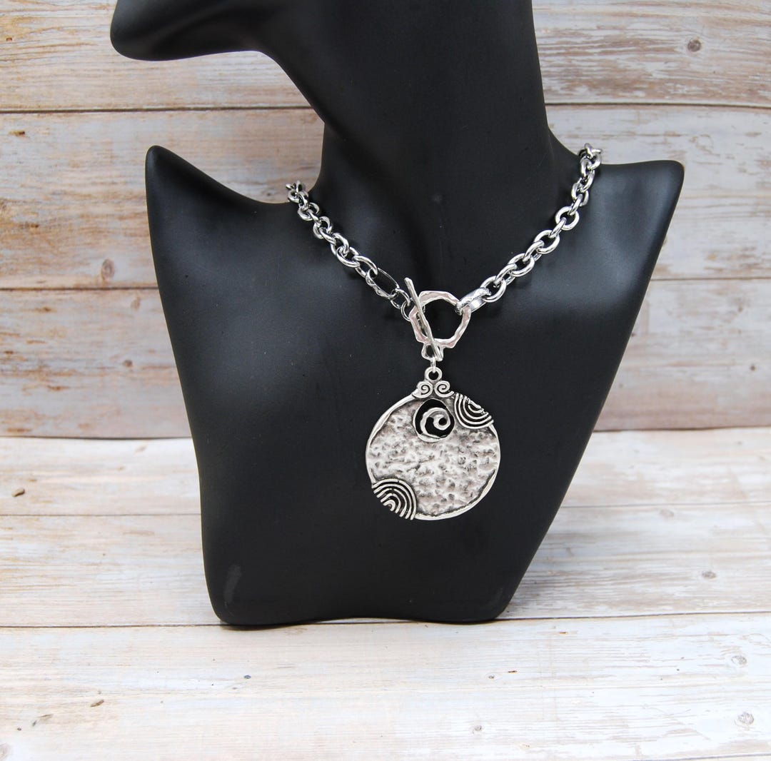Silver Plated Statement T Bar Pendant Necklace: Tribal Toggle