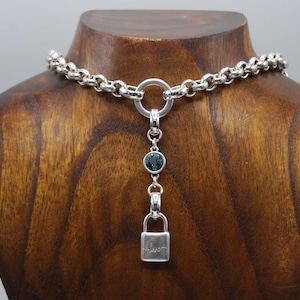 Antique Silver Necklace, Silver Padlock Charm Necklace, Swarovski Blue Pendant, Solid Silver Rolo Chain, Statement Silver Necklace.