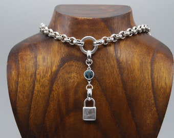 Antique Silver Necklace, Silver Padlock Charm Necklace, Swarovski Blue Pendant, Solid Silver Rolo Chain, Statement Silver Necklace.