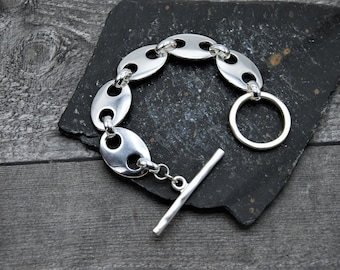 Chunky Sterling Silver Plated Bracelet: Large Oval Link Toggle Clasp