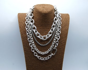 Conjunto de collar de plata llamativo, cadenas gruesas, regalo para ella, collar de capas de plata, conjunto de cadenas gruesas