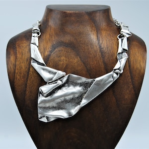 Antique Silver Statement Bib Necklace, Large Chunky Statement Abstract Necklace, Unique Silver Statement Necklace, Gift For Her