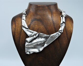 Silver Plated Bib Necklace: Chunky Abstract Statement Jewelry