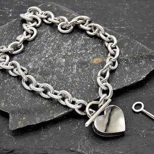 Stainless Steel Heart Padlock Necklace, Toggle Clasp Heart Pendant Necklace, Chunky Cable Chain Necklace, Statement Silver Heart Necklace,