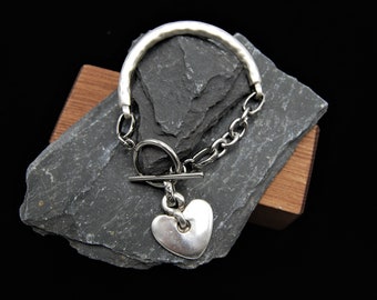 Silver Cuff Bracelet, Heart Charm Bracelet, Silver Heart Bracelet, Silver Heart Charm Bracelet, Silver Toggle Clasp Bracelet, Gift For Her
