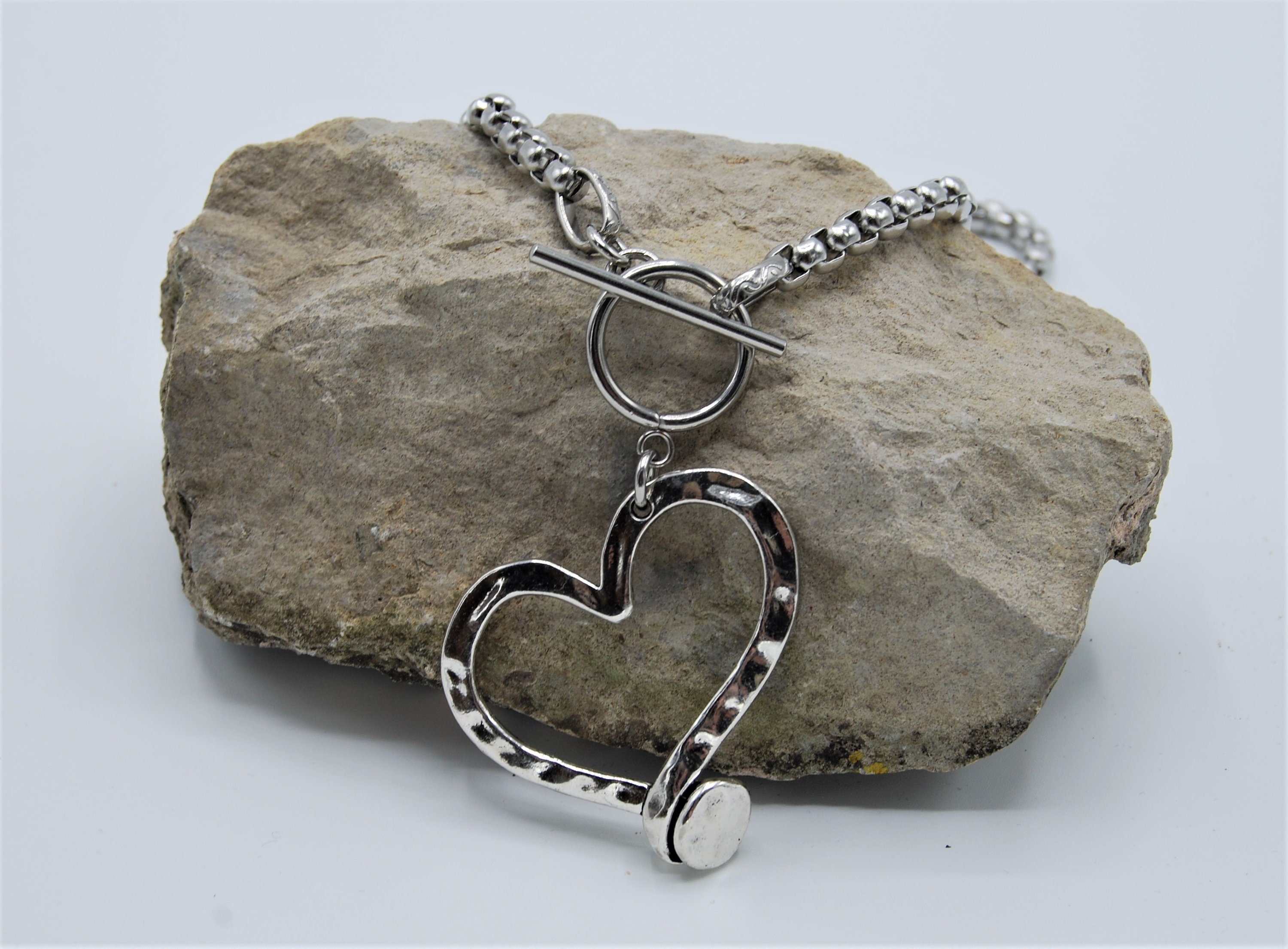 Colgante de corazón grande de plata cadena de de acero -