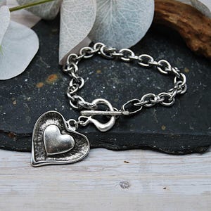 Silver Plated Heart Charm Bracelet: Stainless Steel Link, Toggle Clasp