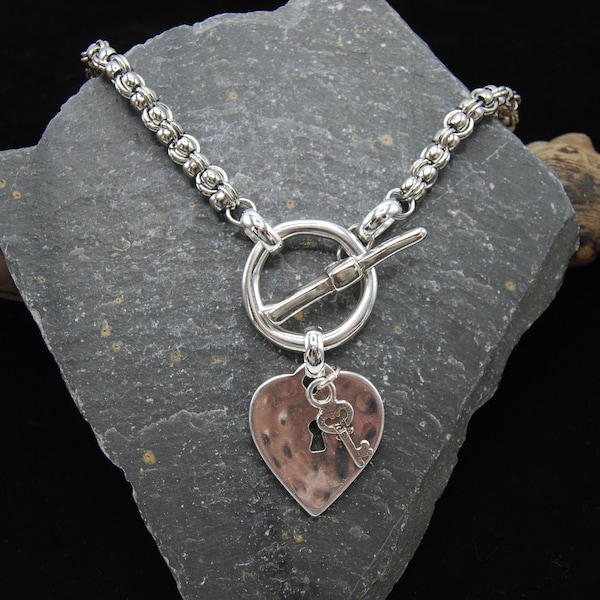 Silver Plated Heart & Key Pendant Necklace - Stainless Steel Chain