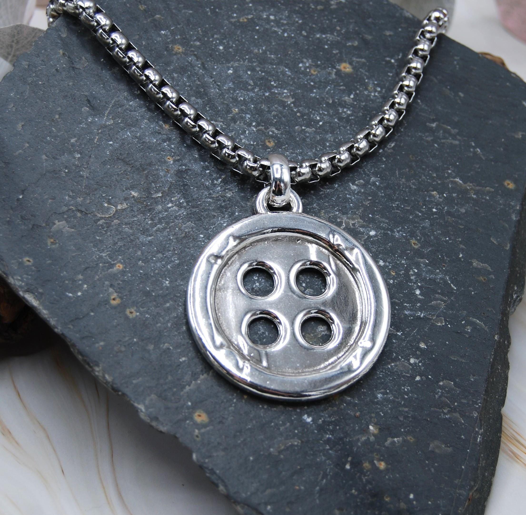 Silver Plated Button Necklace – Big Pendant, Stainless Steel Chain