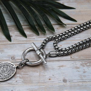 Silver Greek Coin Wrap Necklace – 100 cm Stainless Steel Box Chain image 7