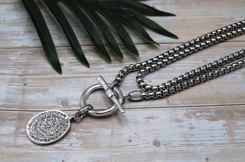 Silver Greek Coin Wrap Necklace – 100 cm Stainless Steel Box Chain image 7