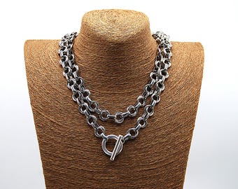 Stainless Steel Chunky Chain Necklace: Silver Toggle Clasp, Layered Statement