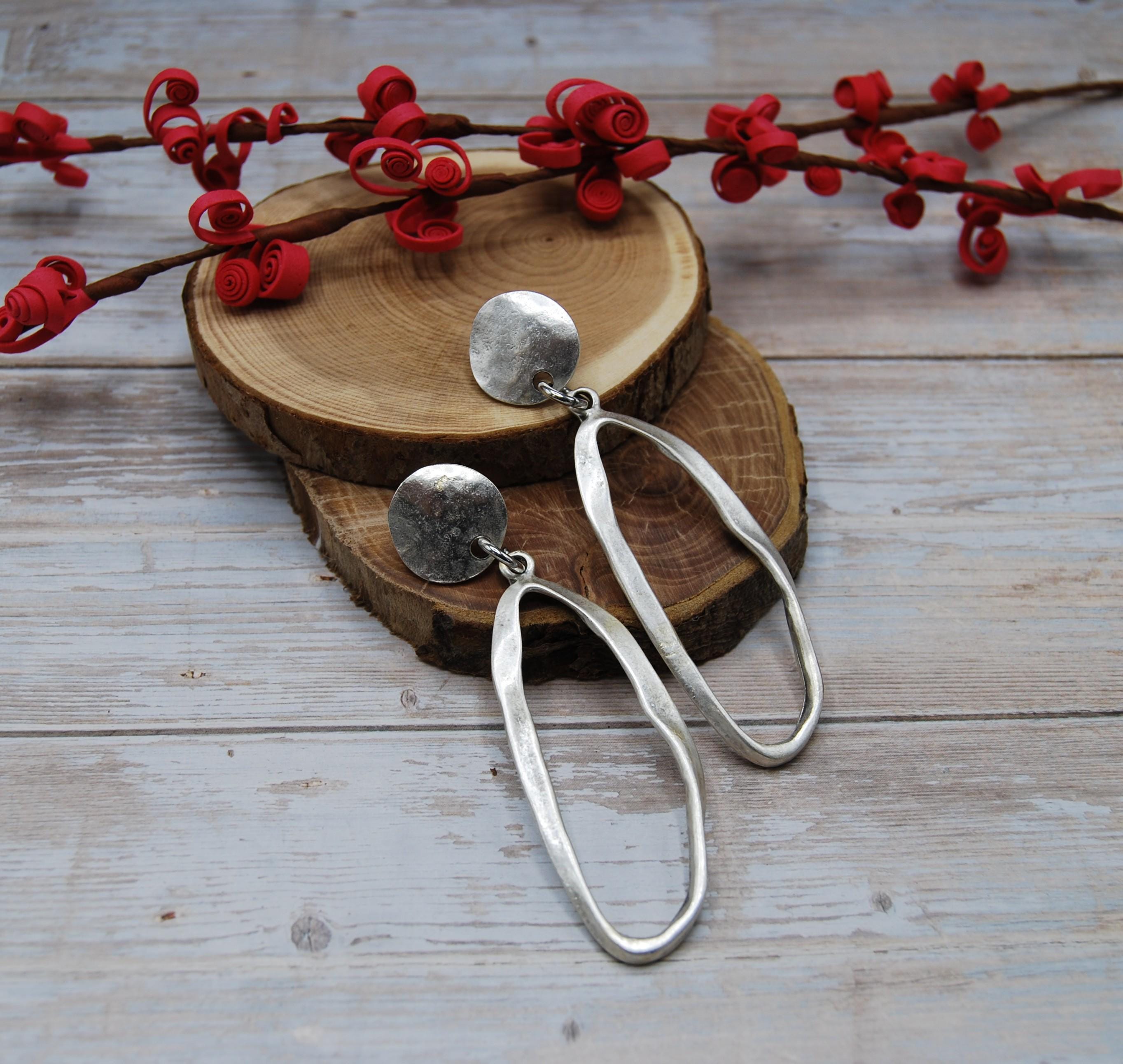 Silver Oval Drop Earrings - Boho Dangling Hoop Earrings For Women's Fashion Jewelry