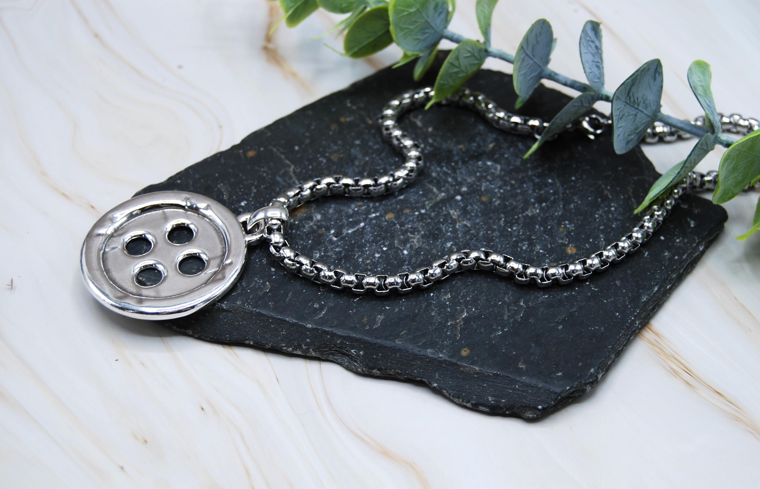 Silver Plated Button Necklace – Big Pendant, Stainless Steel Chain