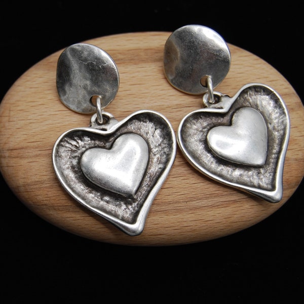 Antique Silver Heart Earrings, Silver Earrings, Silver Statement Earrings, Large Silver Heart Earrings, Gift For Her, Push Back Earrings
