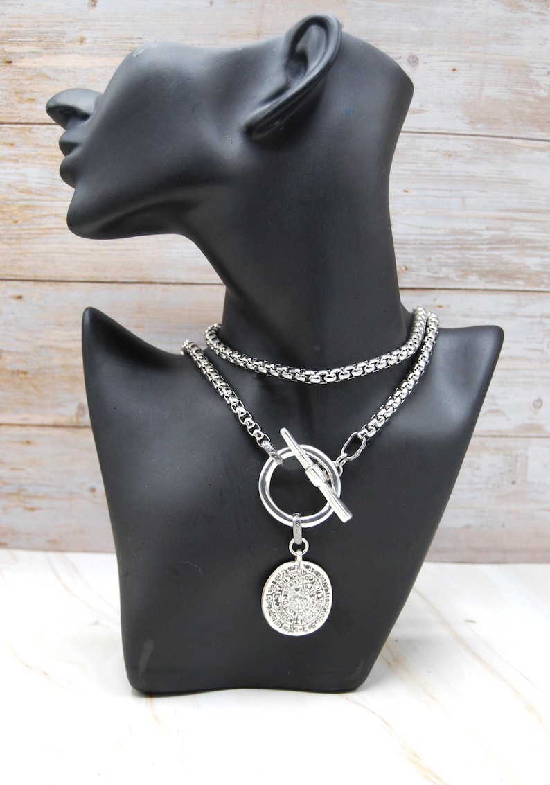 Silver Greek Coin Wrap Necklace – 100 cm Stainless Steel Box Chain image 3