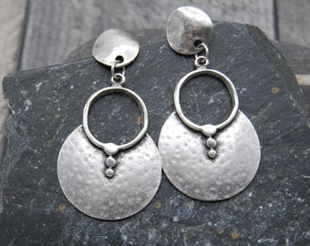 Statement Antique Silver Round Drop Dangling Ear Wire Earrings Statement Piece UK Seller Bohemian Silver Earrings Unique Gift Idea