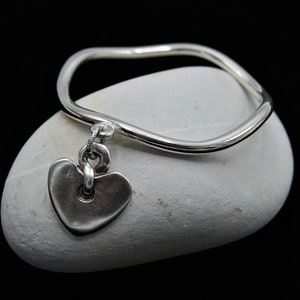 Antique Silver Irregular Shaped Bangle, Hammered Silver Bangle, Silver Stacking Bangle, Silver Heart Charm Bangle, Boho Bangle