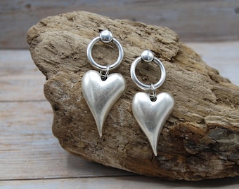 Silver Puffed Heart Hoop Earrings: Sterling Silver Plated
