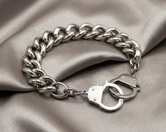 Stainless Steel Solid Handcuff Bracelet, Heavy  Curb Chain, Unisex