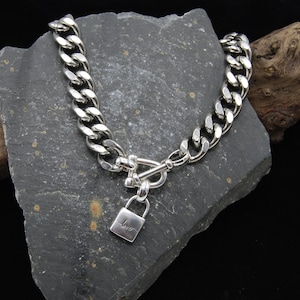 Chunky Silver Curb Chain, Silver Toggle Clasp Necklace, Silver Padlock, Heavy Solid Stainless Steel Chain, Padlock Necklace, Chunky Chain