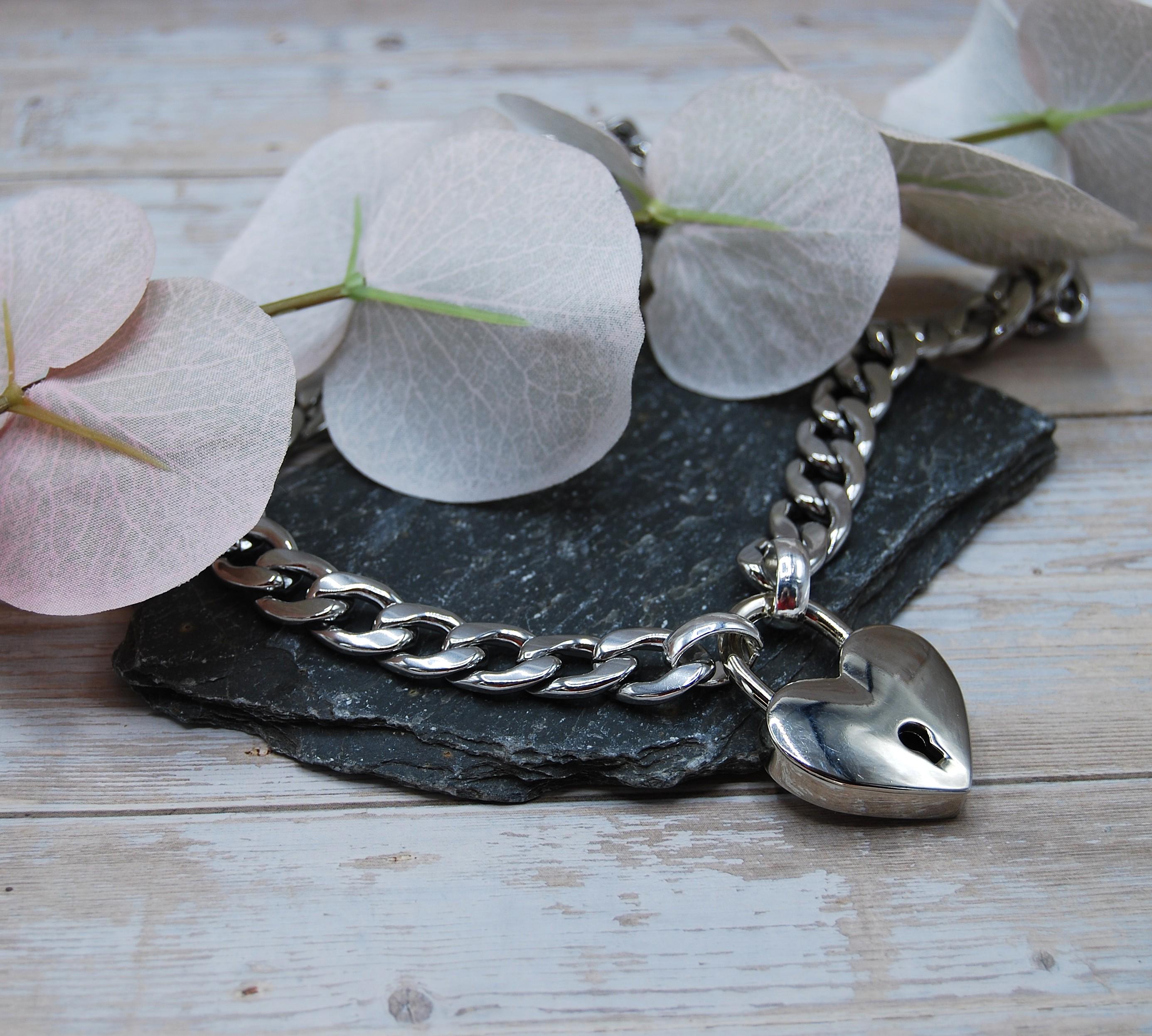 Heart Padlock Curb Chain Necklace: Stainless Steel Biker Pendant