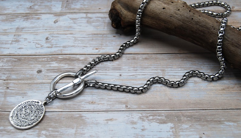 Silver Greek Coin Wrap Necklace – 100 cm Stainless Steel Box Chain image 13