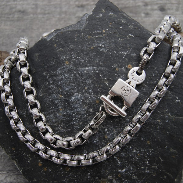 Collier croisé argenté, chaîne boîte en acier inoxydable, chaîne à maillons épais, collier en argent tendance, collier en argent à fermoir bascule, collier cadenas