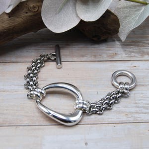Chunky Stainless Steel Silver-Plated Bracelet: Triple Link Toggle Clasp