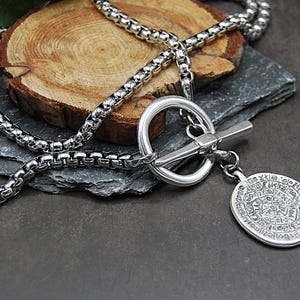 Silver Greek Coin Wrap Necklace – 100 cm Stainless Steel Box Chain image 8