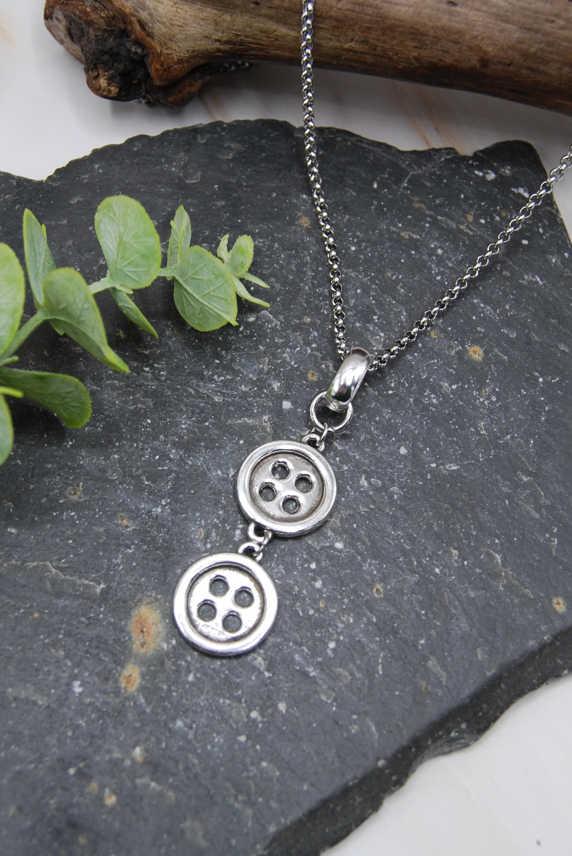 Antique Silver Button Pendant Necklace — 925 Sterling Silver Plate