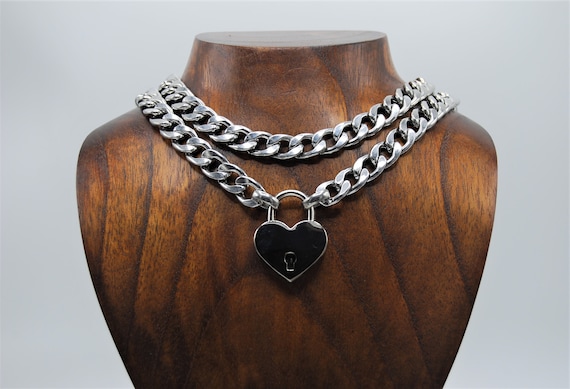 Silver Padlock Heart Pendant Curb Link Stainless Steel Necklace
