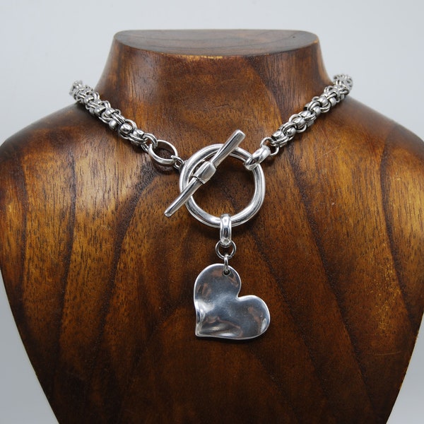 Silver Necklace, Statement Silver Necklace, Silver Heart Pendant, Silver Toggle Clasp Pendant, Stainless Steel Chain, Silver Heart Charm