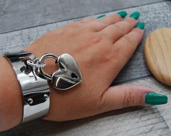 Padlock Cuff Bangle: Wide Stainless Steel Bracelet With Heart Lock