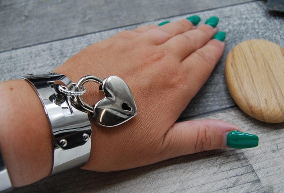 Padlock Cuff Bangle: Wide Stainless Steel Bracelet With Heart Lock
