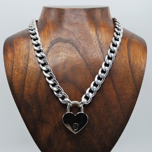 Statement Chunk Chain, Heart Padlock, Solid Stainless Chain,Biker Necklace, Padlock Pendant, Padlock Necklace Curb Chain Pendant, Punk Chain