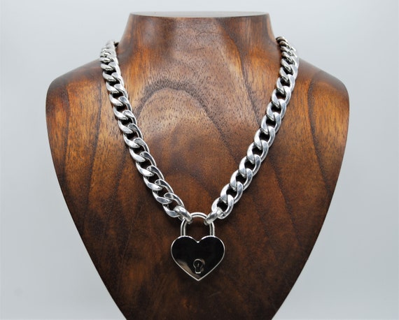 ネックレス・ペンダント Heart Padlock Necklace Statement Chunky Curb Link Silver Stainless Steel Heart