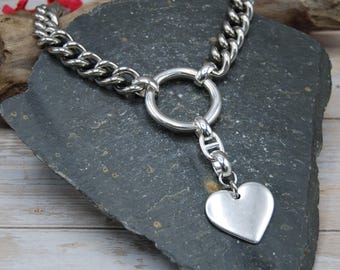 Statement Silver Plated Heart Pendant Curb Stainless Necklace