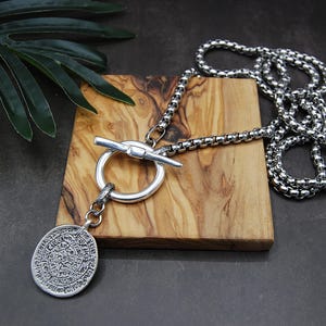 Silver Greek Coin Wrap Necklace – 100 cm Stainless Steel Box Chain image 19