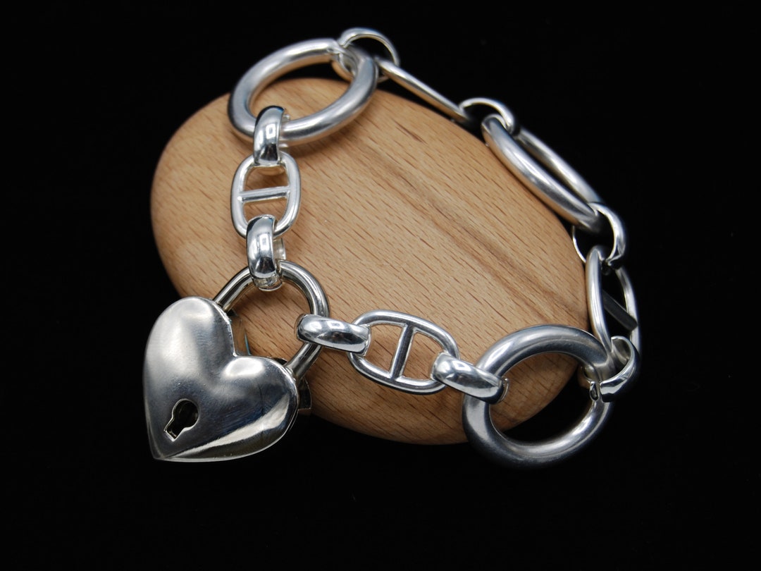 Statement Silver Bracelet, Chunky Bracelet, Heart Padlock Bracelet
