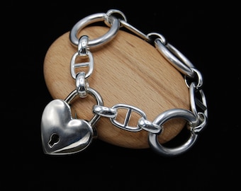 Statement Silver Bracelet, Chunky Bracelet, Heart Padlock Bracelet, Large Silver Link Bracelet, Padlock Jewellery, Silver Heart Charm