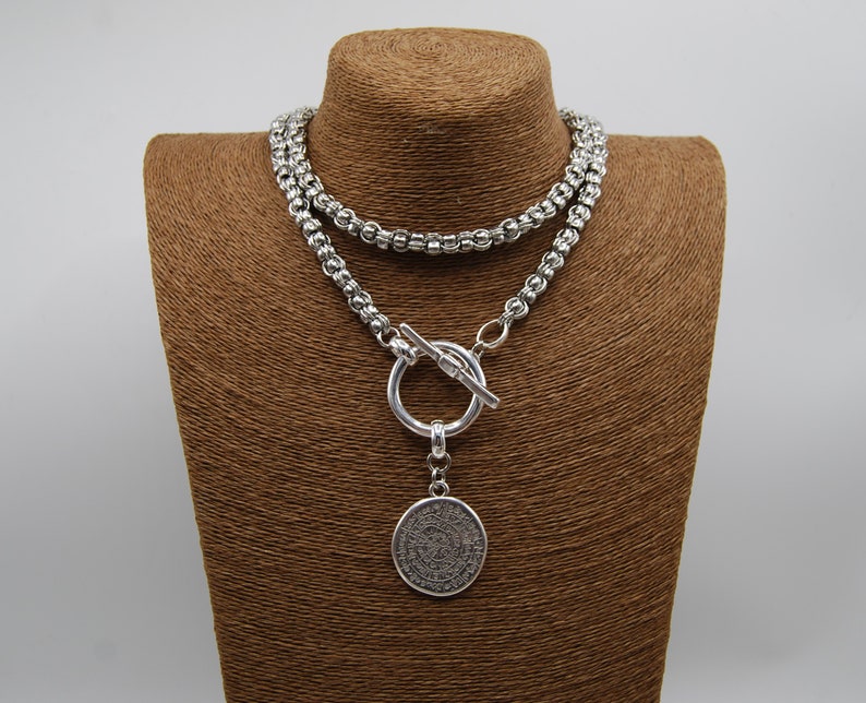 Collana avvolgente con monete greche in argento, collana in argento di dichiarazione, collana con chiusura a levetta in acciaio inossidabile, collana a strati in argento, regalo per lei immagine 1