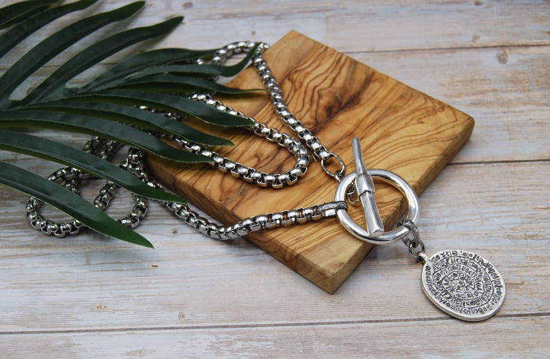 Silver Greek Coin Wrap Necklace – 100 cm Stainless Steel Box Chain image 4