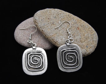 Antique Silver Swirl Design Earrings, Silver Square Abstract Drop Earrings, Statement Silver Dangling Earrings, Boho Earrings, Gift For Her