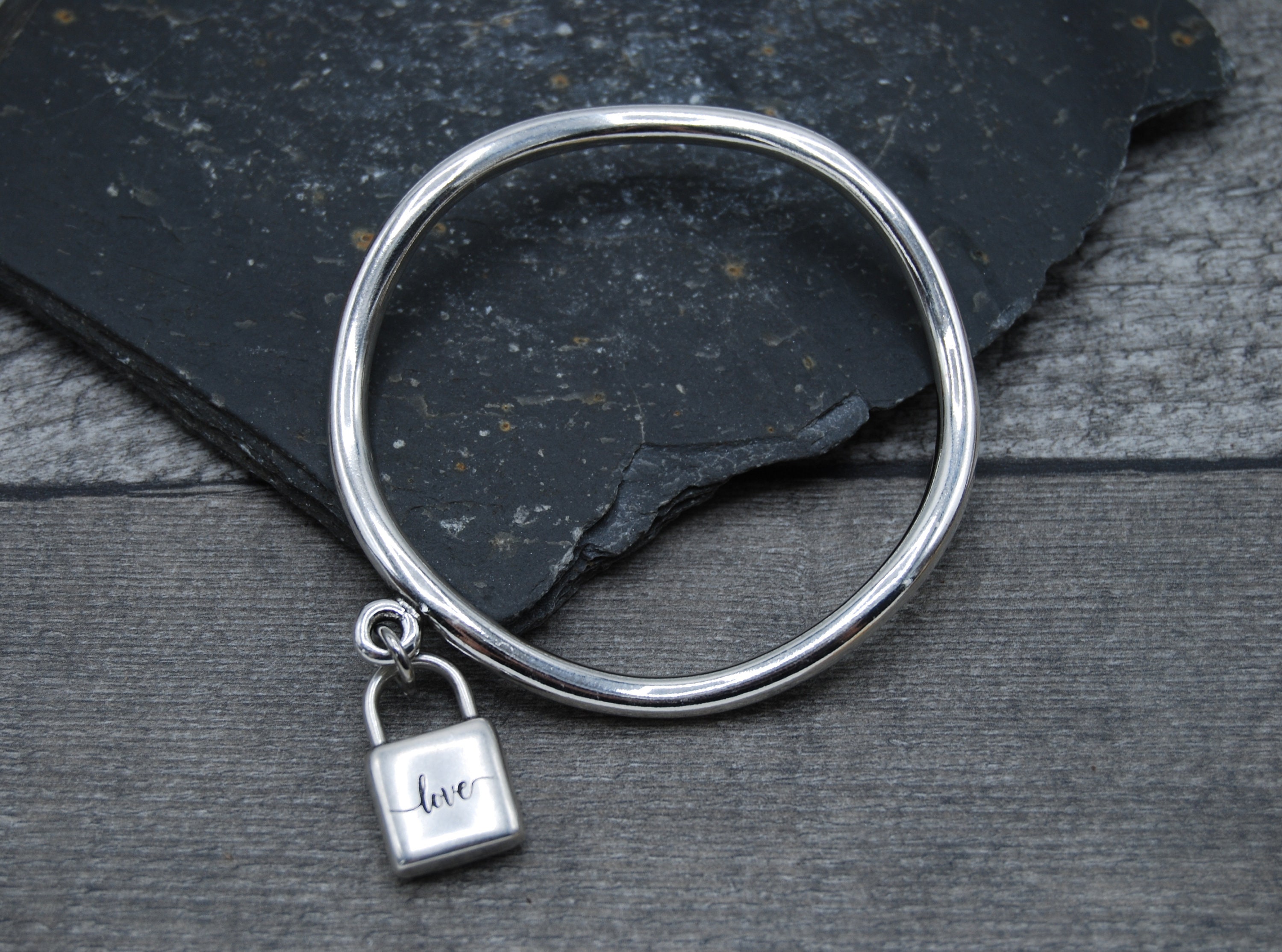 Antique Silver Padlock Bangle: Hammered Boho Stacking Bracelet