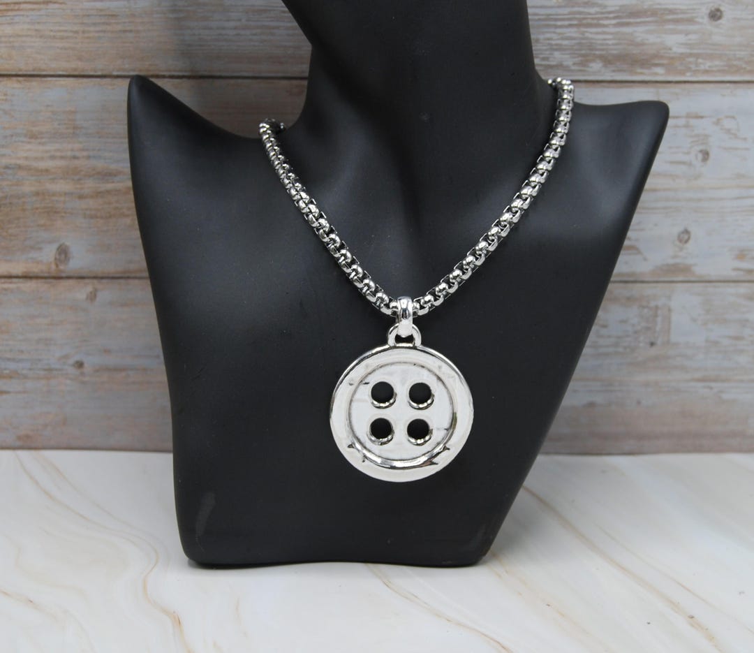 Silver Plated Button Necklace – Big Pendant, Stainless Steel Chain